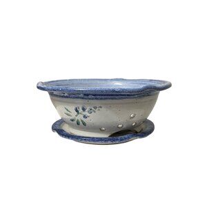 VTG Cottagecore Blue White Floral Stoneware Berry Colander 2 Pc Set Signed